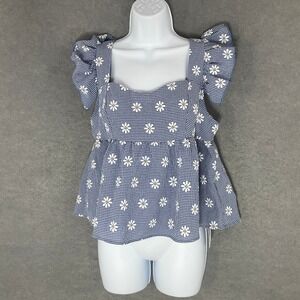 Shein Top Womens Sz M‎ Blue Gingham Daisy Ruffle Sleeve Peplum Feminine Romantic
